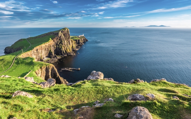 Stunning dusk at the Neist point lighthouse in Isle of Skye, Sco
