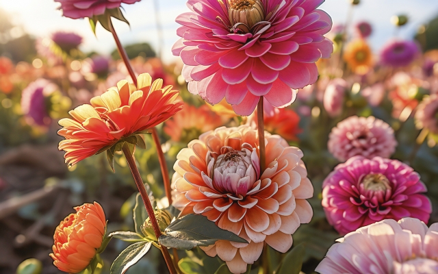 colorful flower field with dahlia flowers in painting style