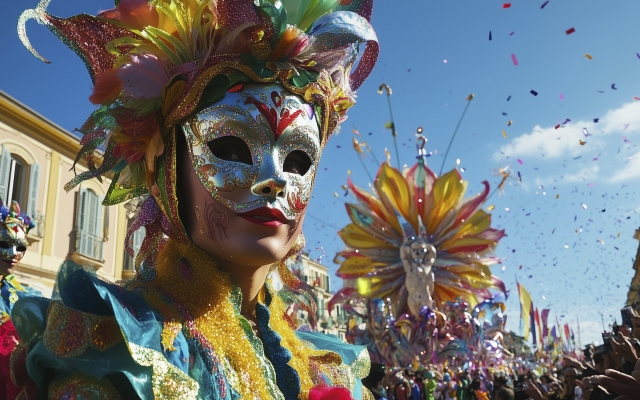 Nice Carnival, a lively parade along the streets of the French Riviera, people wearing colorful costumes with unique masks, Ai generated images
