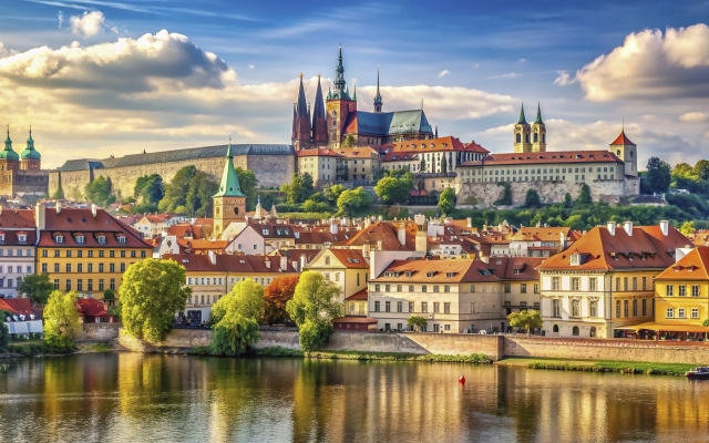 Prague panorama showcasing the magnificent Prague Castle overlooking the picturesque river Vltava framed by stunning architecture historical landmarks and charming scenery, Europe,Prague